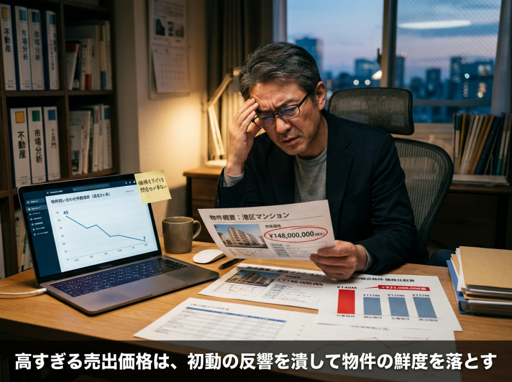 売出価格設定を誤って反響を逃すイメージ