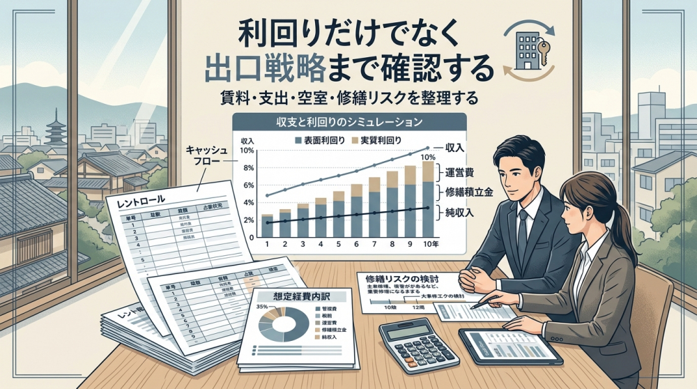 収益物件の利回りと出口戦略を確認するイメージ