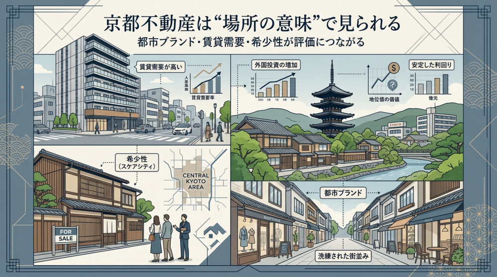 京都の都市ブランドと収益不動産のイメージ