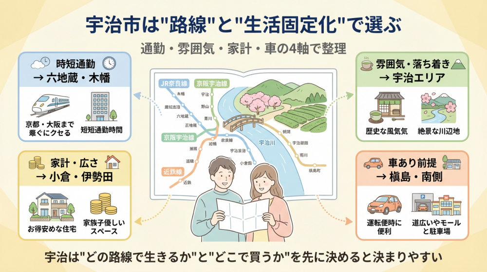宇治市は路線と生活固定化で選ぶ（通勤・雰囲気・家計・車）