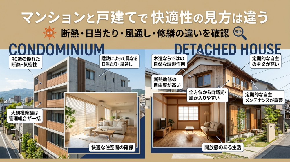京都でマンションと戸建ての快適性を比較するイメージ