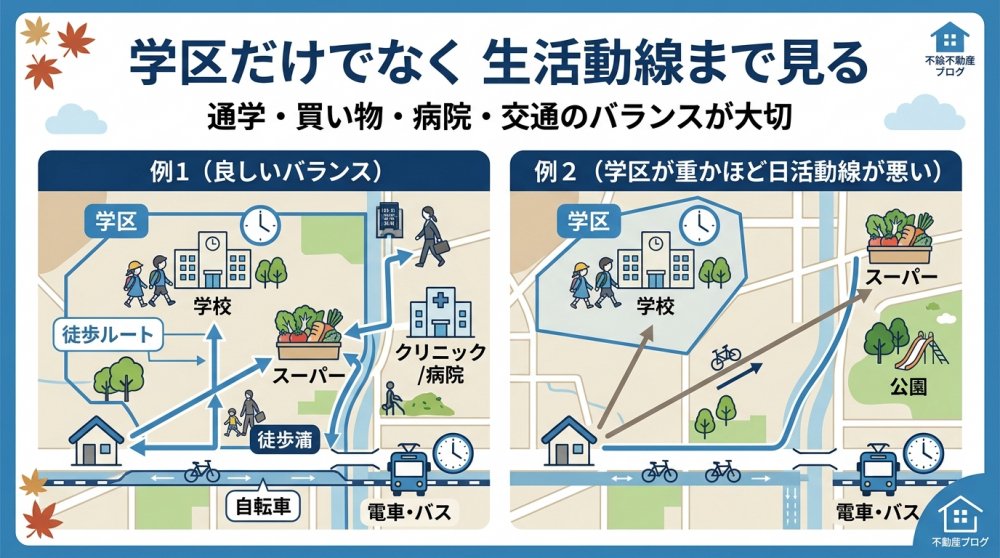 学区と生活動線を確認しながら家を選ぶイメージ