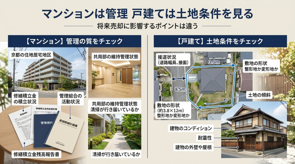 マンション管理状態と戸建て土地条件を比較するイメージ