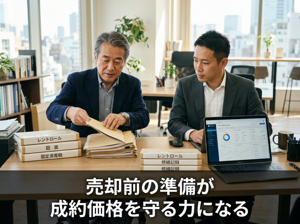 築古一棟アパートの売却準備として資料整理をしているイメージ