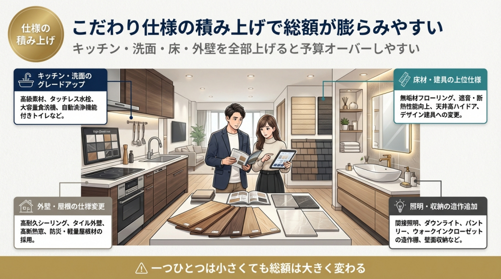 設備や仕様の積み上げで建築費が上がるイメージ画像