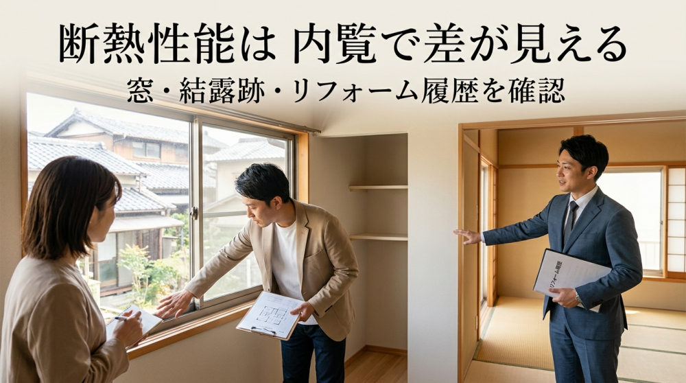 断熱性能や窓を確認しながら中古住宅を内覧するイメージ