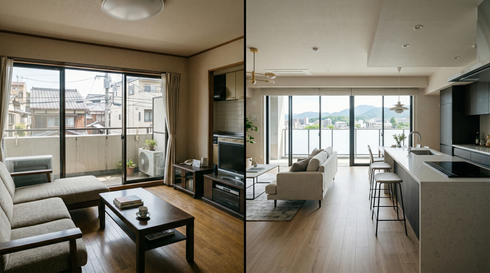 築20年マンションと築浅マンションの価格差をイメージする画像