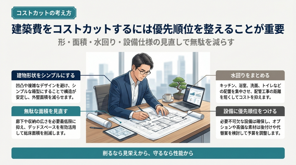 建築費をコストカットするために間取りや仕様を見直すイメージ