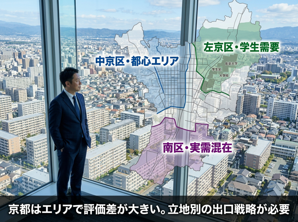 京都市内のエリア差と収益物件の出口戦略を考えるイメージ