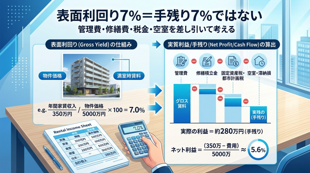 表面利回りと実質利回りの違いを説明するイメージ画像