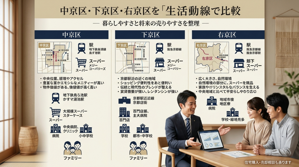 中京区下京区右京区を生活動線で比較するイメージ