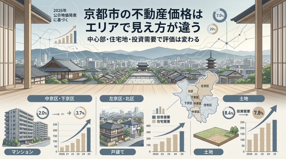 京都市の地価公示と不動産価格を比較するイメージ