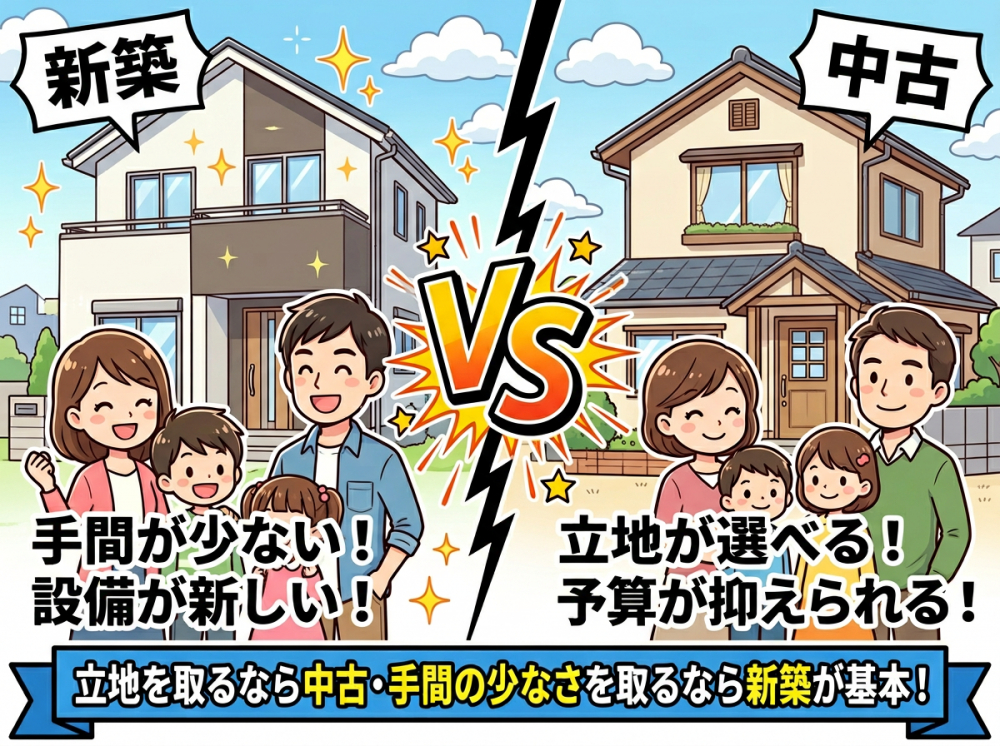 新築と中古で子育て世帯の優先順位が分かれるイメージ