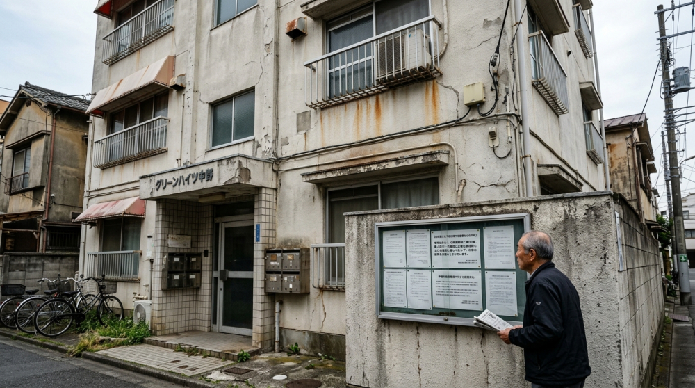 修繕不足によるマンションの老朽化をイメージする画像