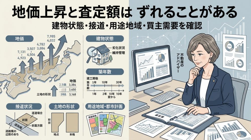地価上昇と実際の査定額の違いを確認するイメージ