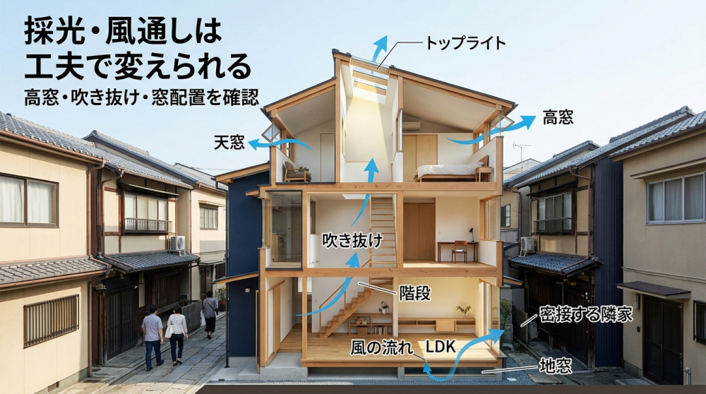 採光と風通しを工夫した京都の狭小住宅イメージ